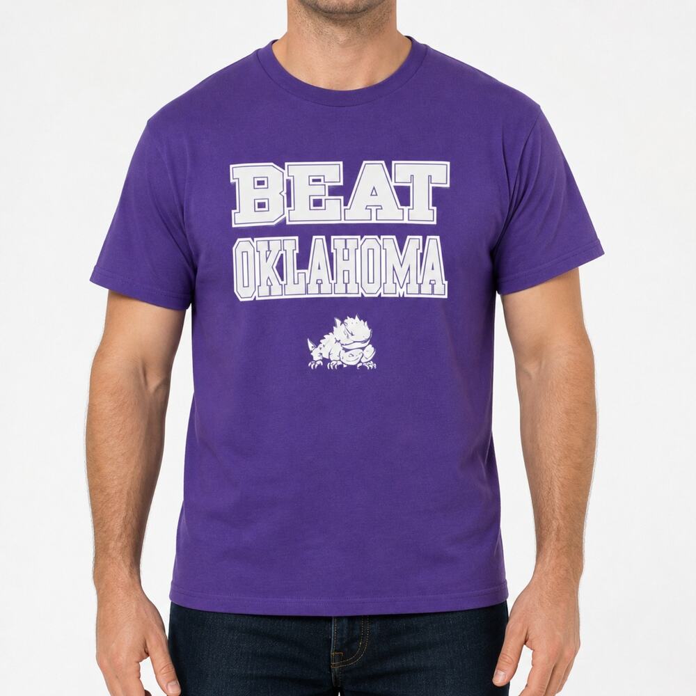 Majestic TCU Horned Frogs T-Shirt Mens L Purple ‘Beat Oklahoma’ Section Cotton
